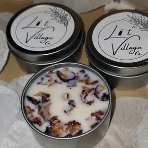 3pc Small Tin Candles -Rose Potion Scent with Real rose on top